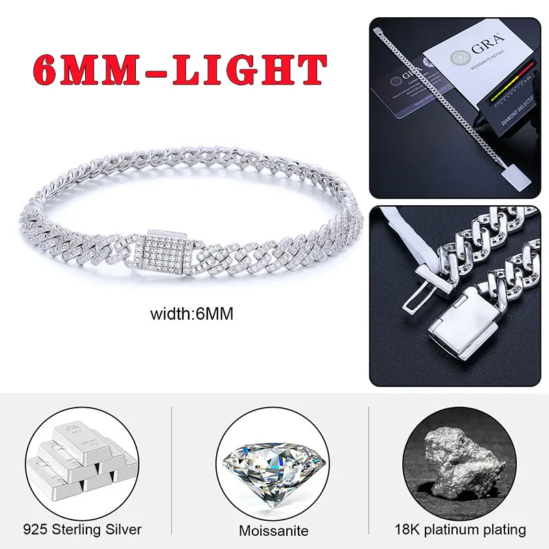 TUHE Unisex 6mm VVS1 D Color Moissanite Cuban Chain Bracelet S925 Silver Men Hip Hop Jewelry - Image 5
