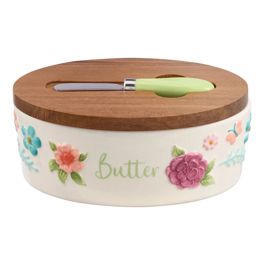 Painted Meadow Butter Dish Set - Acacia Wood Lid, Floral Embossed Stoneware with Knife - Image 2