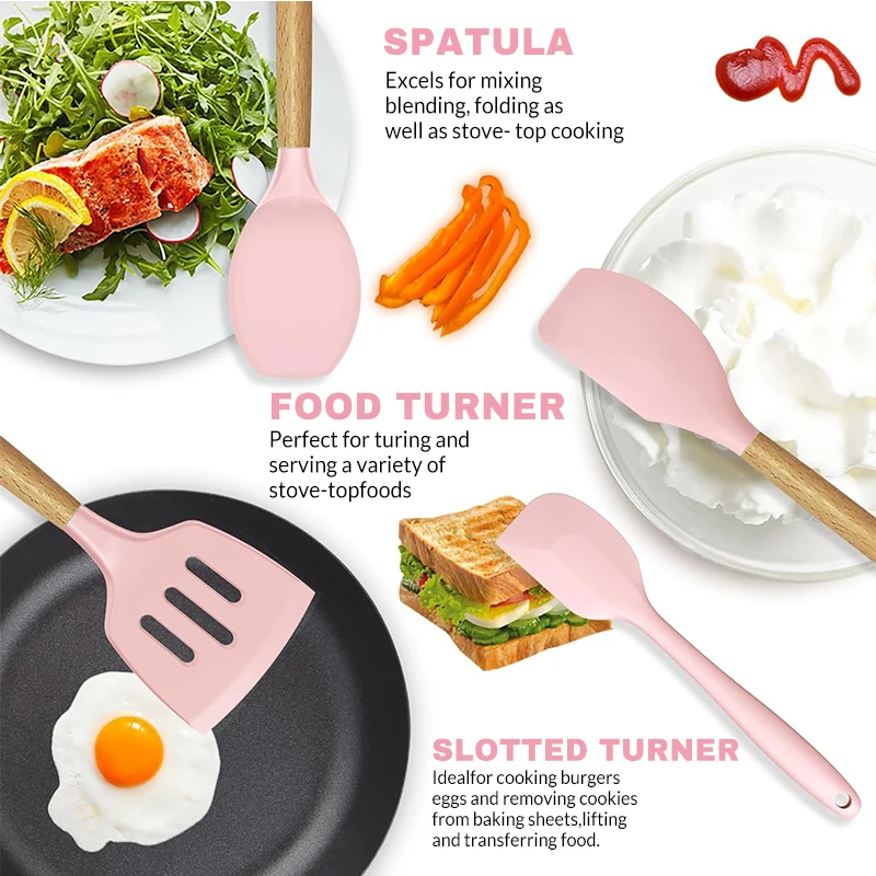 12PCS Silicone Cookware Set - Non-Stick Utensils with Wooden Handles for Cooking - Image 5