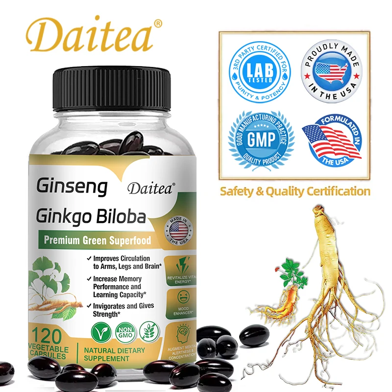Daitea Ginseng & Ginkgo Biloba Supplement - Supports Brain Function, Memory & Reduces Stress