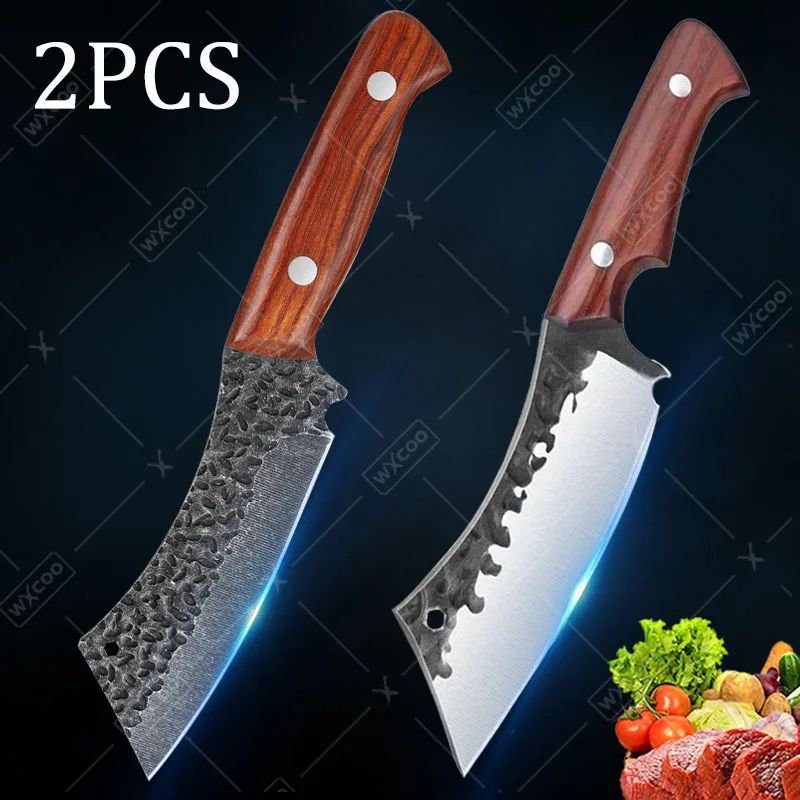 2-Piece Handmade Forged Stainless Steel Knife Set – Butcher Cleaver & Boning Knife with Wooden Handle