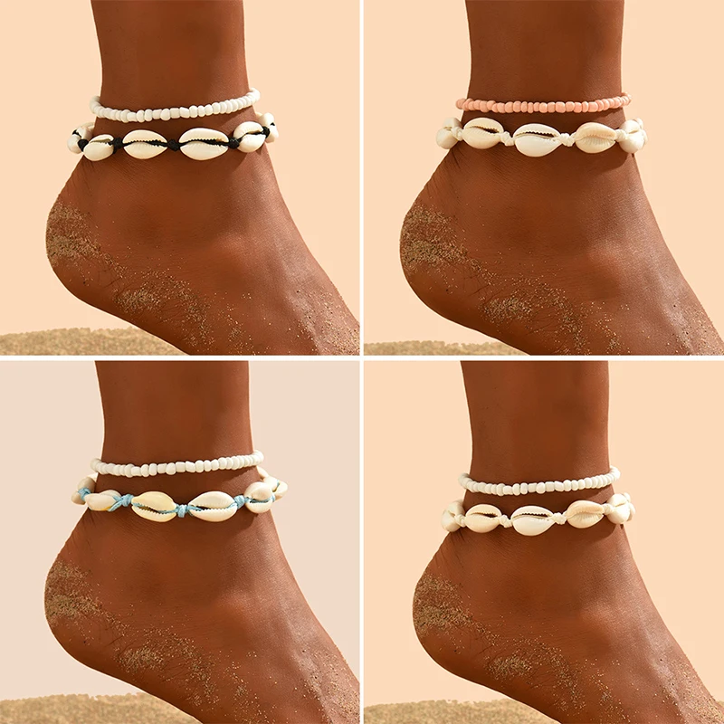 Boho Shell Anklets – 2PCS Resin Beads Beach Foot Jewelry