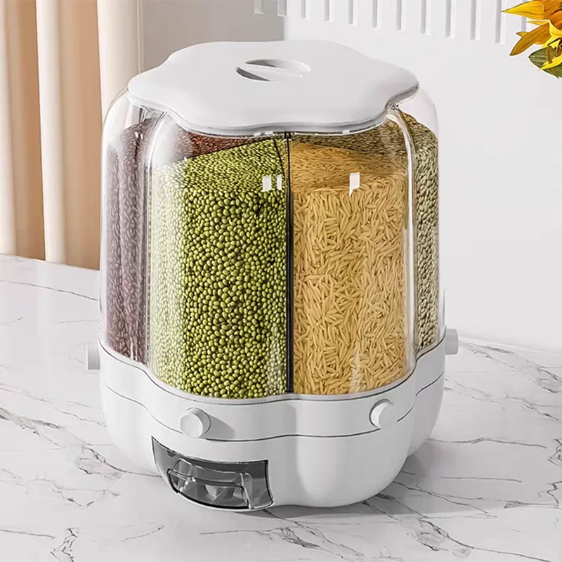 Rotating 6‑Grid 360° Food Dispenser – Large Clear Grain & Rice Storage Container