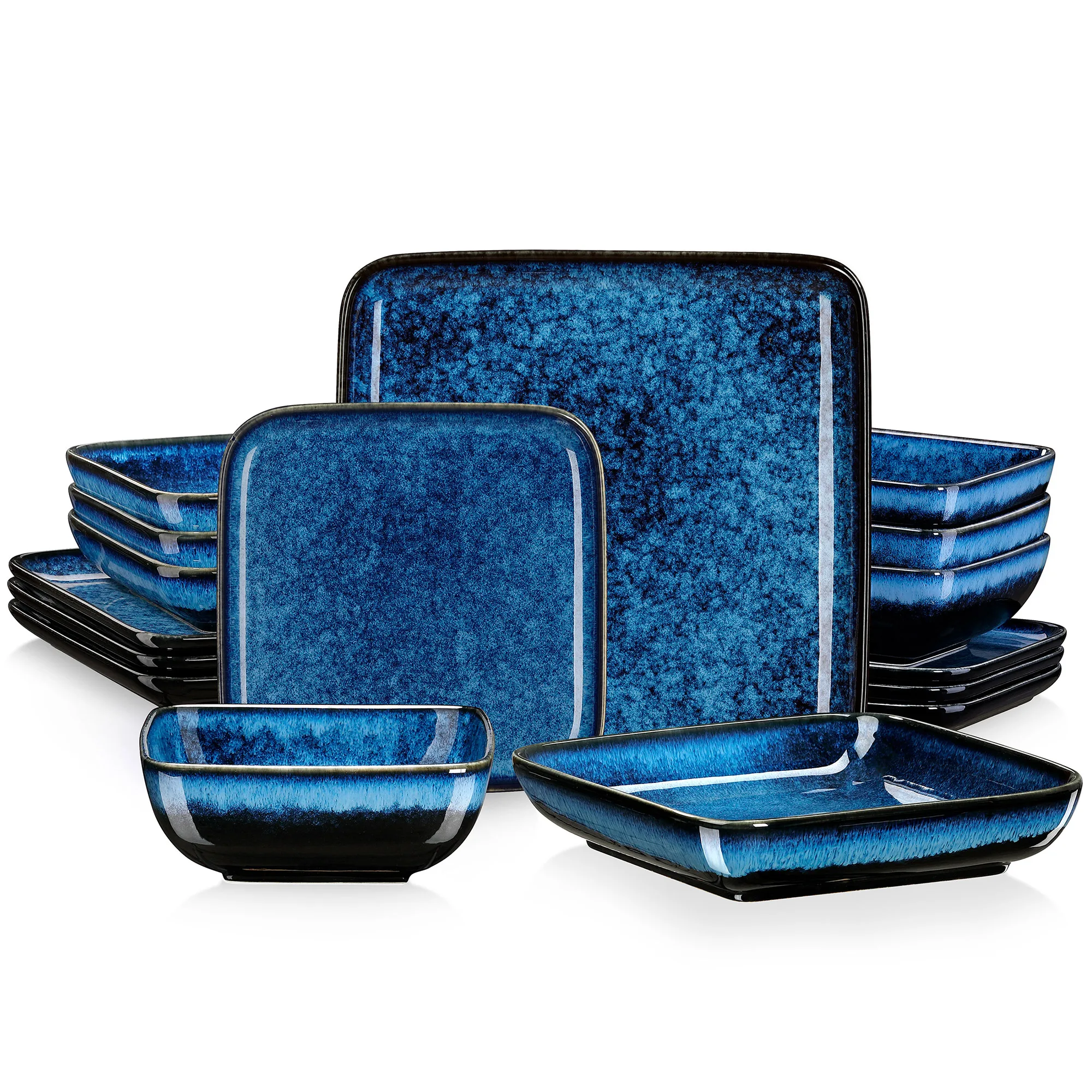 Vancasso Stern 16-Piece Blue Square Dinner Set - Kiln-Change Glaze Ceramic Tableware for 4