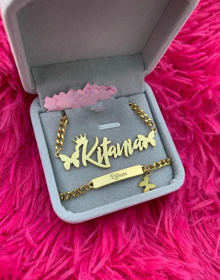 Custom Crown Butterfly Name Necklace & Bracelet Set Stainless Steel Gold Kids Jewelry Gift