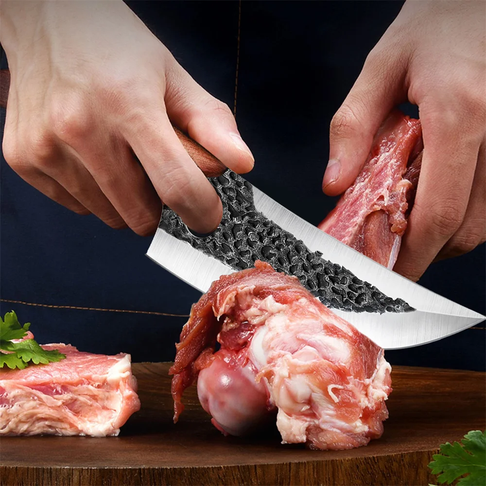 Hand-Forged Double‑Edged Boning & Slicing Knife – Damascus‑Style, Wood Handle - Image 3