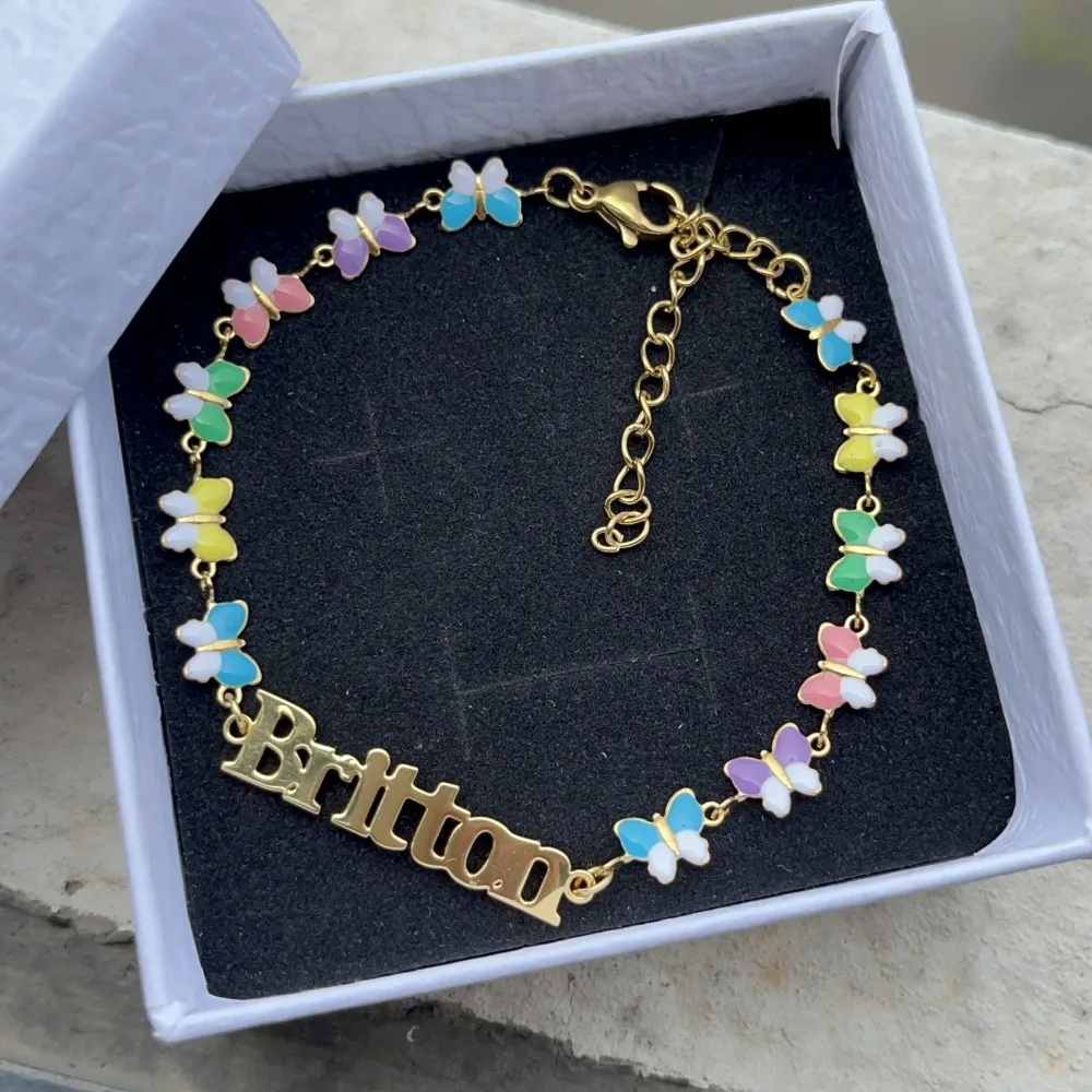 DUOYING Custom Name Butterfly Necklace & Bracelet Set – Stainless Steel, Mixed Color Enamel