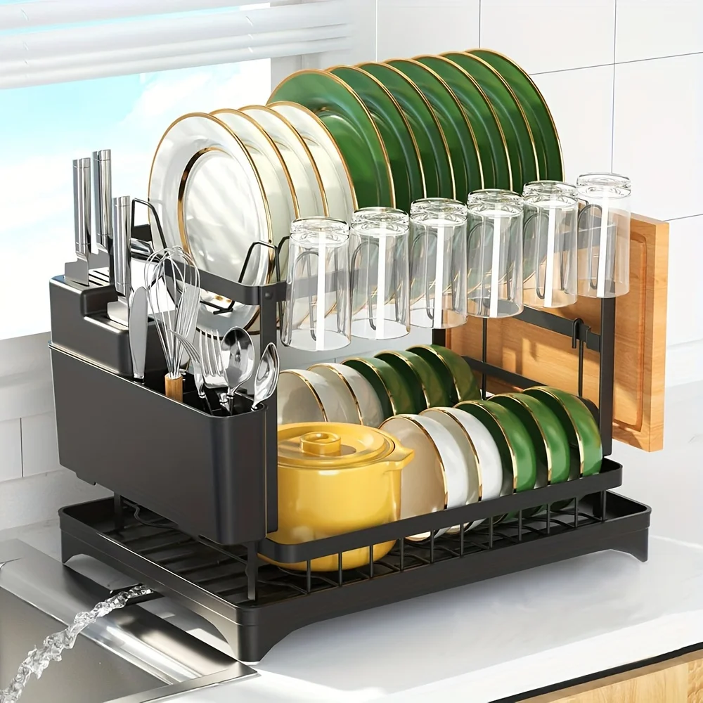 2-Tier Multifunctional Dish Drying Rack with Drainboard & Utensil Holder – Space-Saving Kitchen Organizer