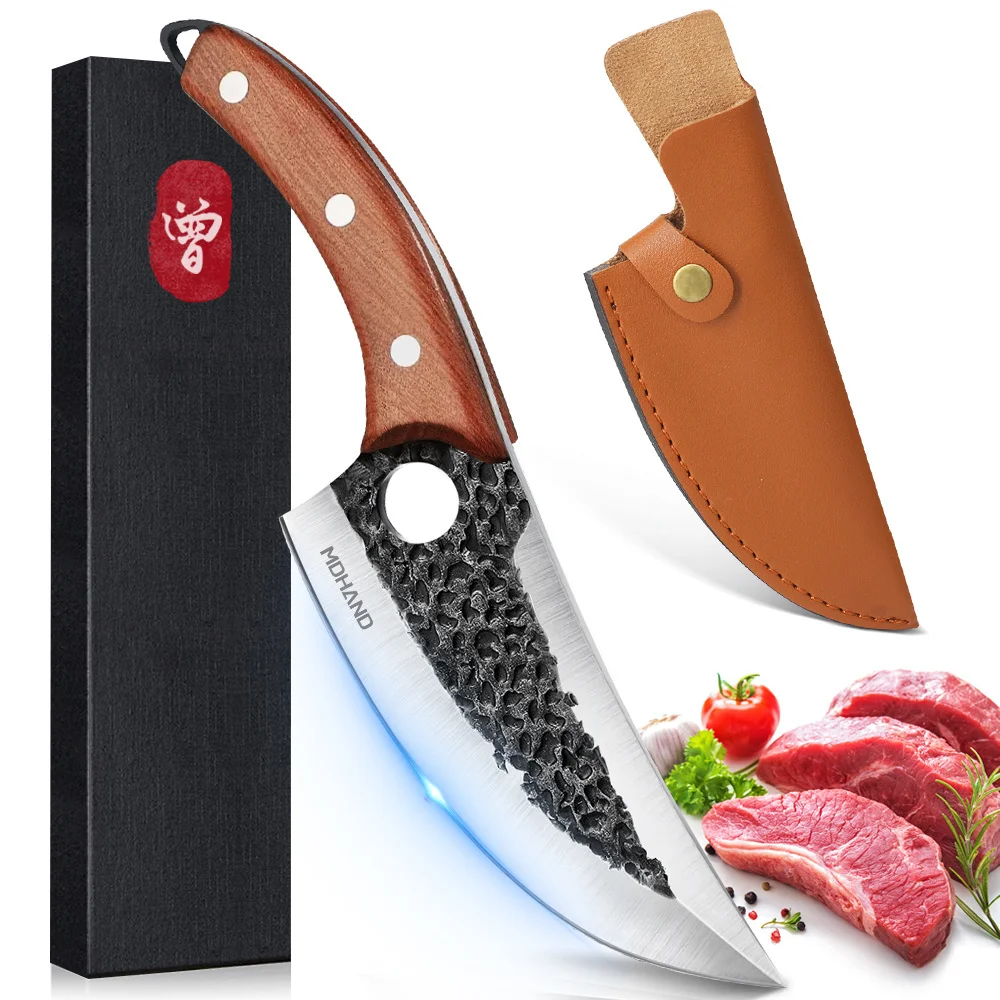 Hand-Forged Double‑Edged Boning & Slicing Knife – Damascus‑Style, Wood Handle