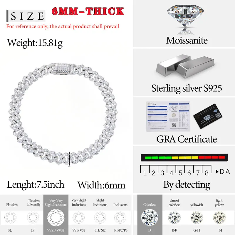 TUHE Unisex 6mm VVS1 D Color Moissanite Cuban Chain Bracelet S925 Silver Men Hip Hop Jewelry - Image 4