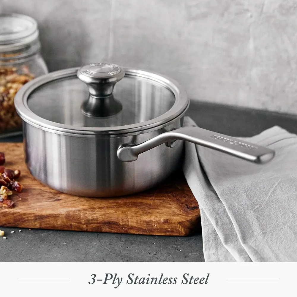 Tri-Ply Stainless Steel 3QT Saucepan with Lid - Professional Multi-Clad Pot with Measurement Markings