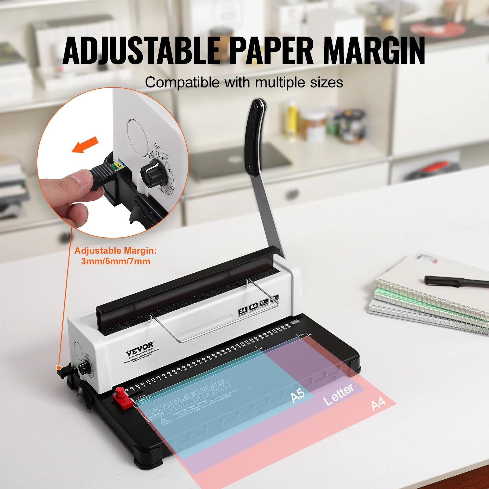 VEVOR Coil Spiral Binding Machine Manual Book Maker 34-Holes Binding 120 Sheets Punch Binder Adjustable Coil Binding Spines - Image 3