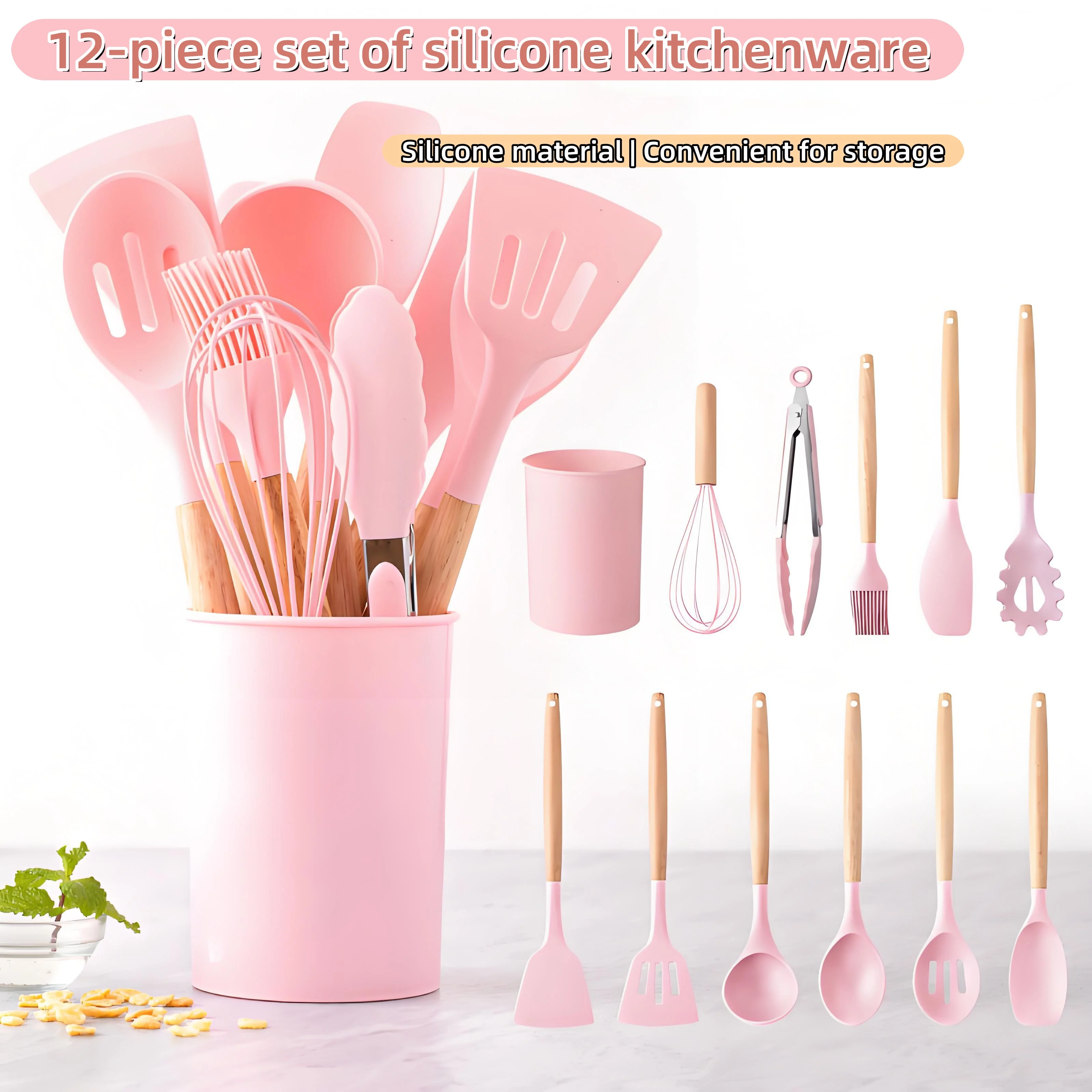 Wooden‑Handle Silicone Utensil Set 12‑pc – Heat‑Resistant, BPA‑Free, Dishwasher‑Safe