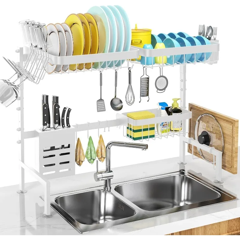 Over Sink Dish Drying Rack – Adjustable 25–33in, 2-Tier with Baskets & Utensil Holder