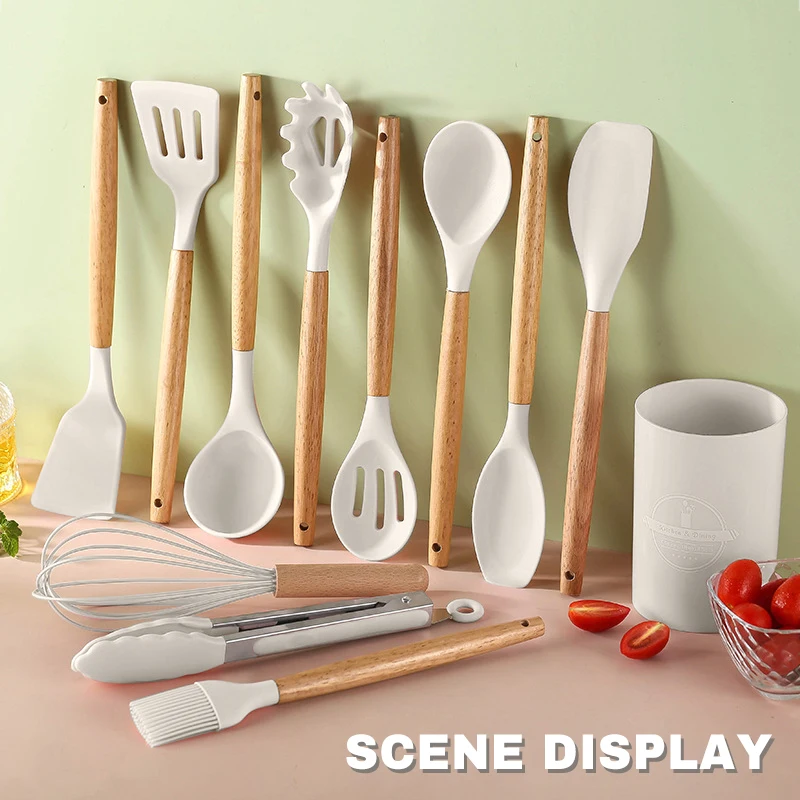 12PCS Silicone Cookware Set - Non-Stick Utensils with Wooden Handles for Cooking - Image 8