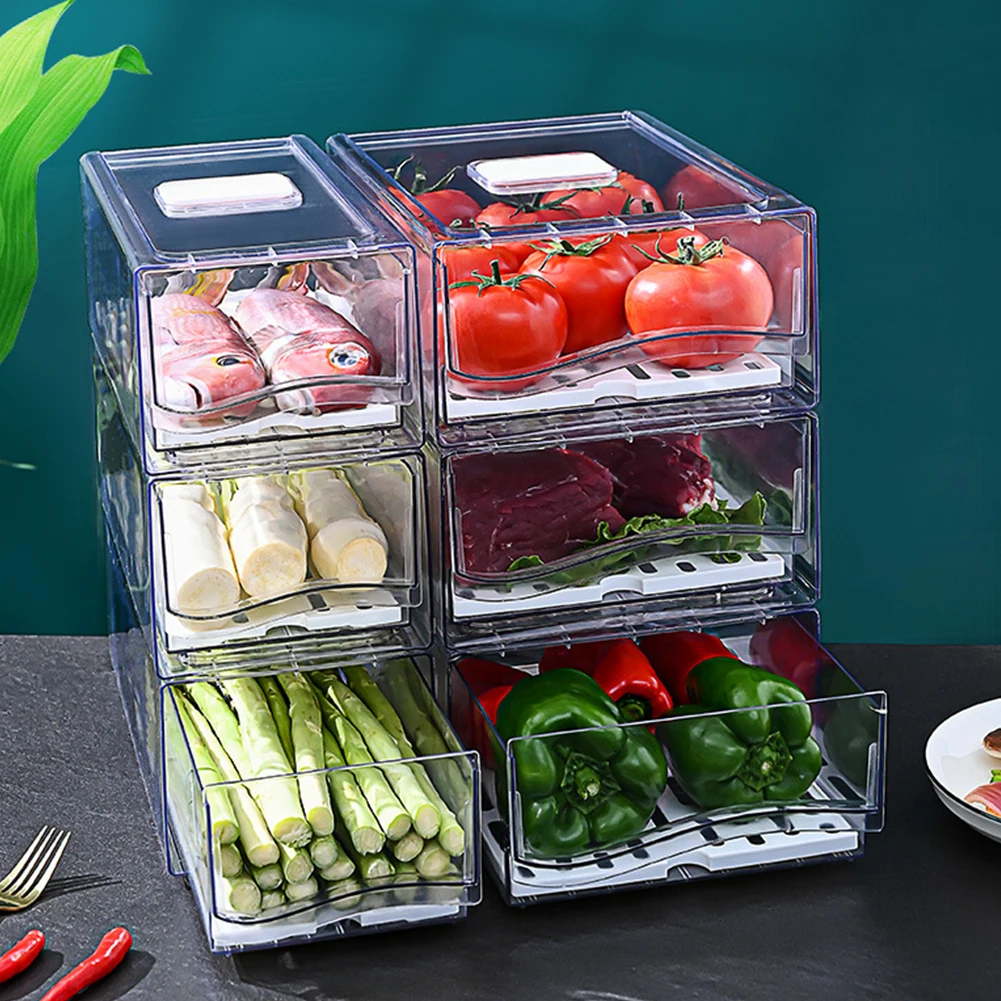 Stackable Refrigerator Organizer Drawers with Drain Tray & Clear Pull-Out Bins - Image 2