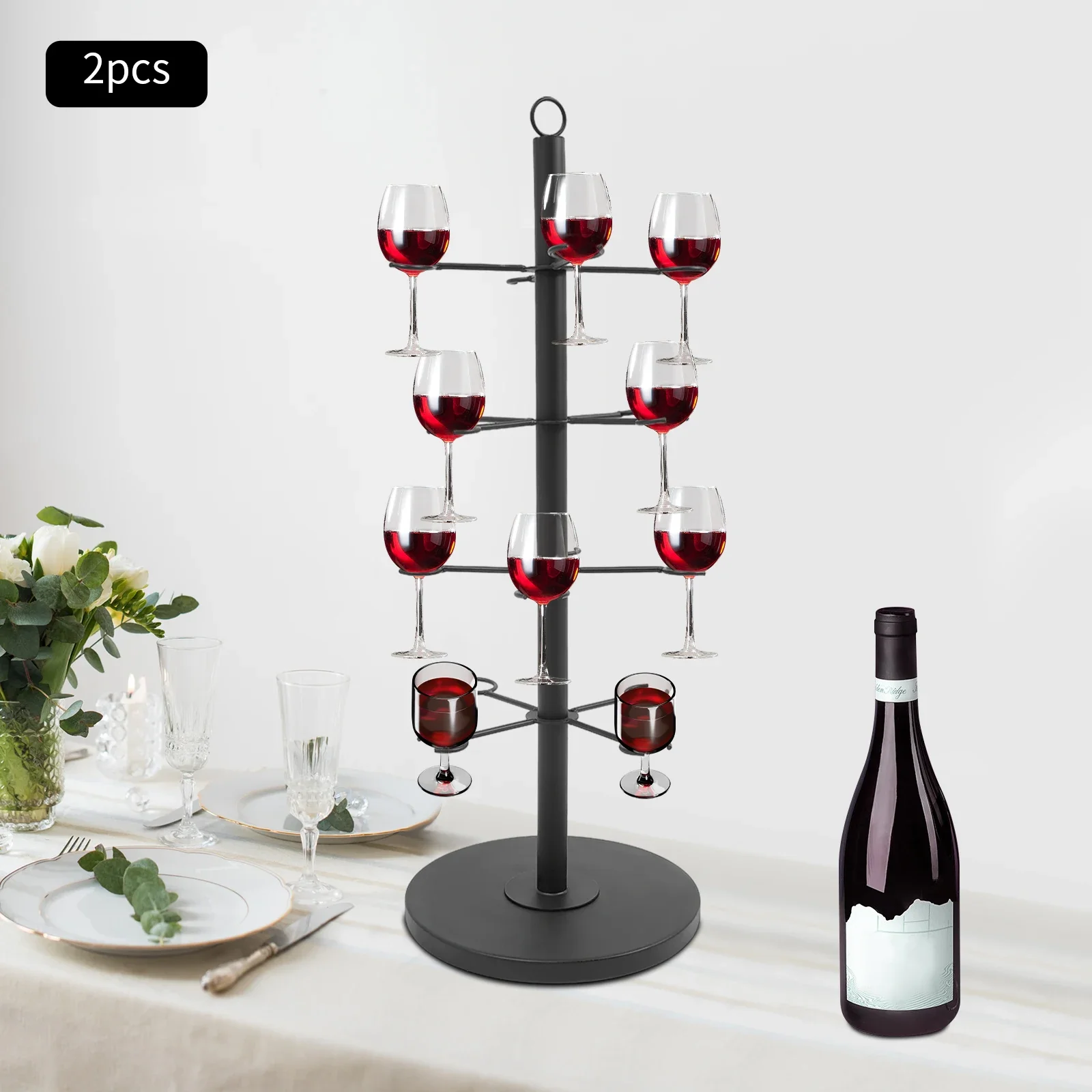 Modern 2-Tier Champagne Stand – Black Steel Wine Glass Holder, 16 Glasses per Tier, Round Base for Tabletop Display - Image 6
