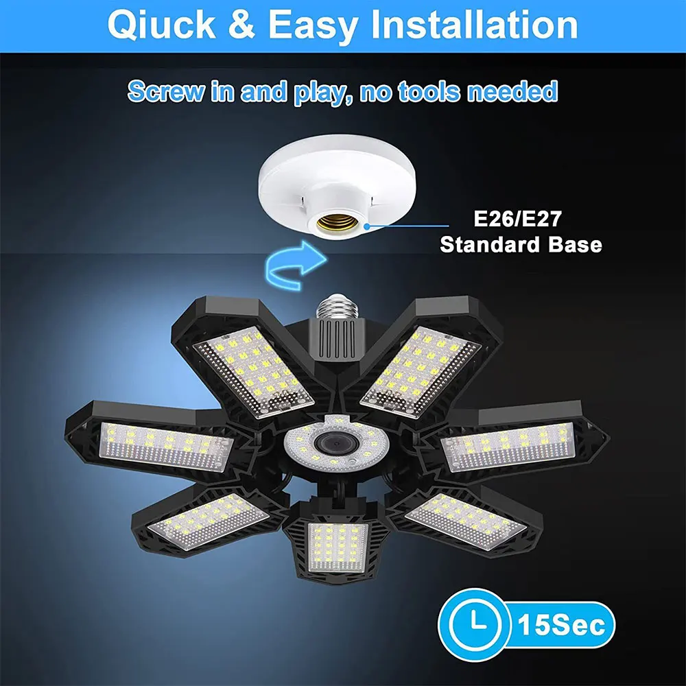 Deformable LED Garage Light – 7-Panel Adjustable Ceiling Lamp for Workshop
