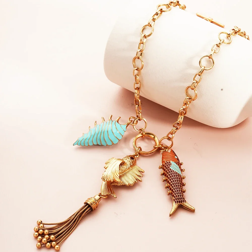 Bohemian Fish & Mermaid Pendant Necklace – Tassel Marine Charms for Women