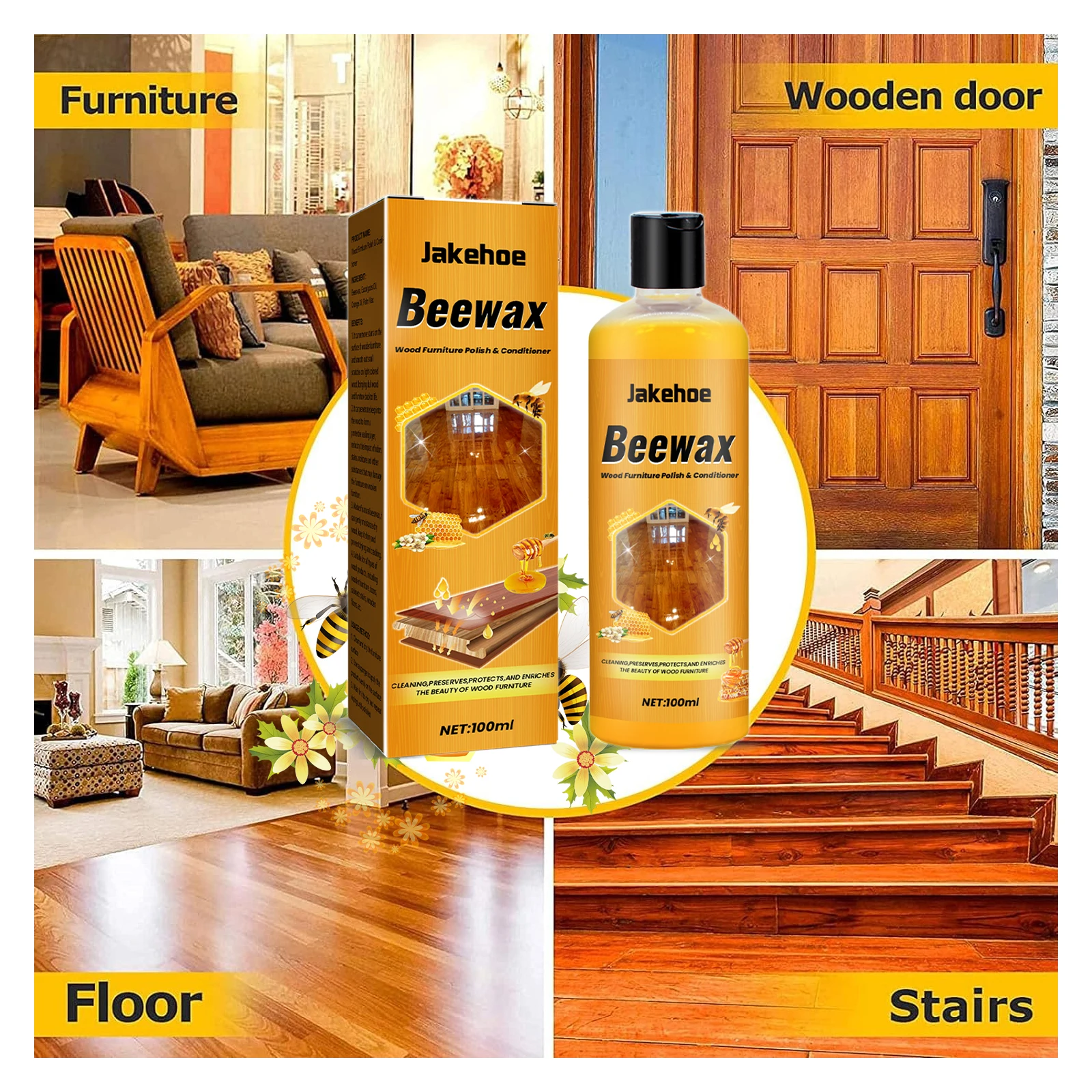 Jakehoe Wood Floor Cleaner, Protection Wax, Stain Removal & Dust Brightening Polish Care - Image 4