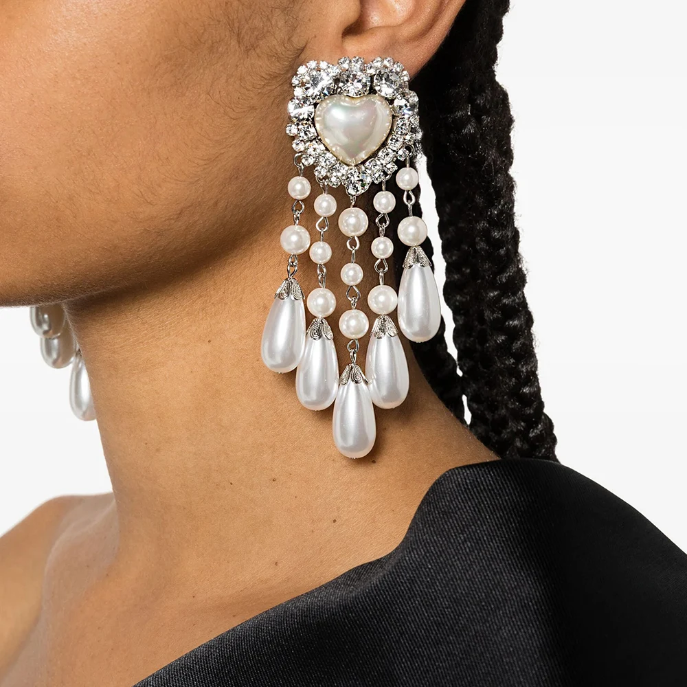 Stonefans Heart Clip-On Earrings for Women Imitation Pearl Tassel Dangle Jewelry