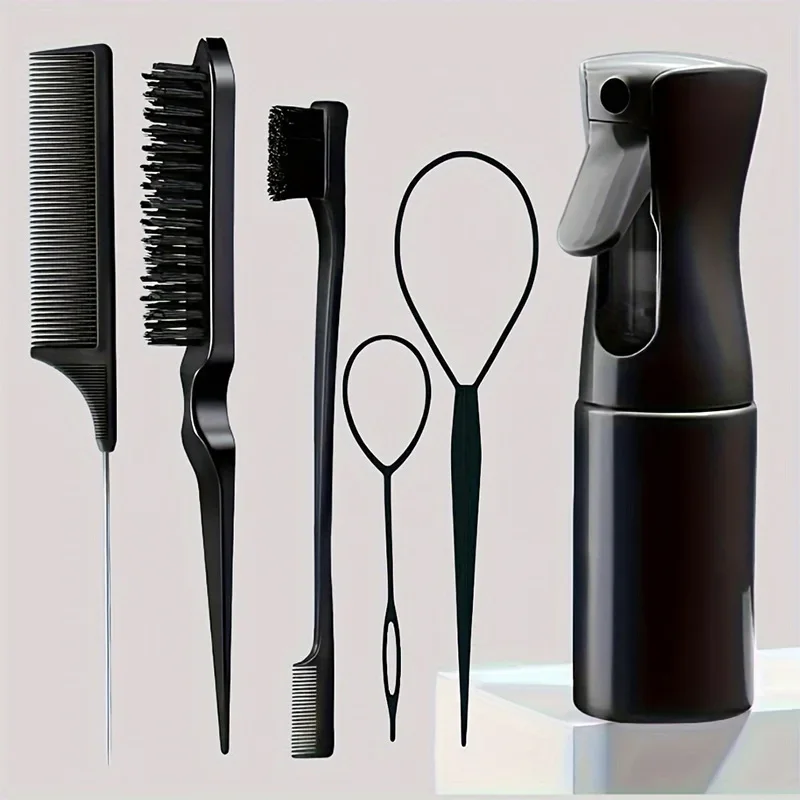 6-Piece Hair Styling Set – Teasing Brush, Rat Tail Comb, Edge Brush, Braiding Loop, Clips & Spray Bottle