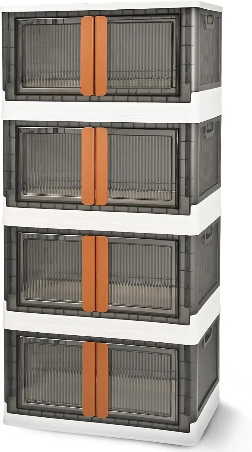 TRZZ 19-Gal Stackable Closet Organizer with Wheels – 4-Piece Foldable Plastic Storage Boxes