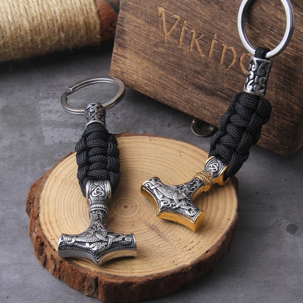 Thor's Hammer Pendant with Rune Beads Keychain in Wooden Gift Box - Image 2