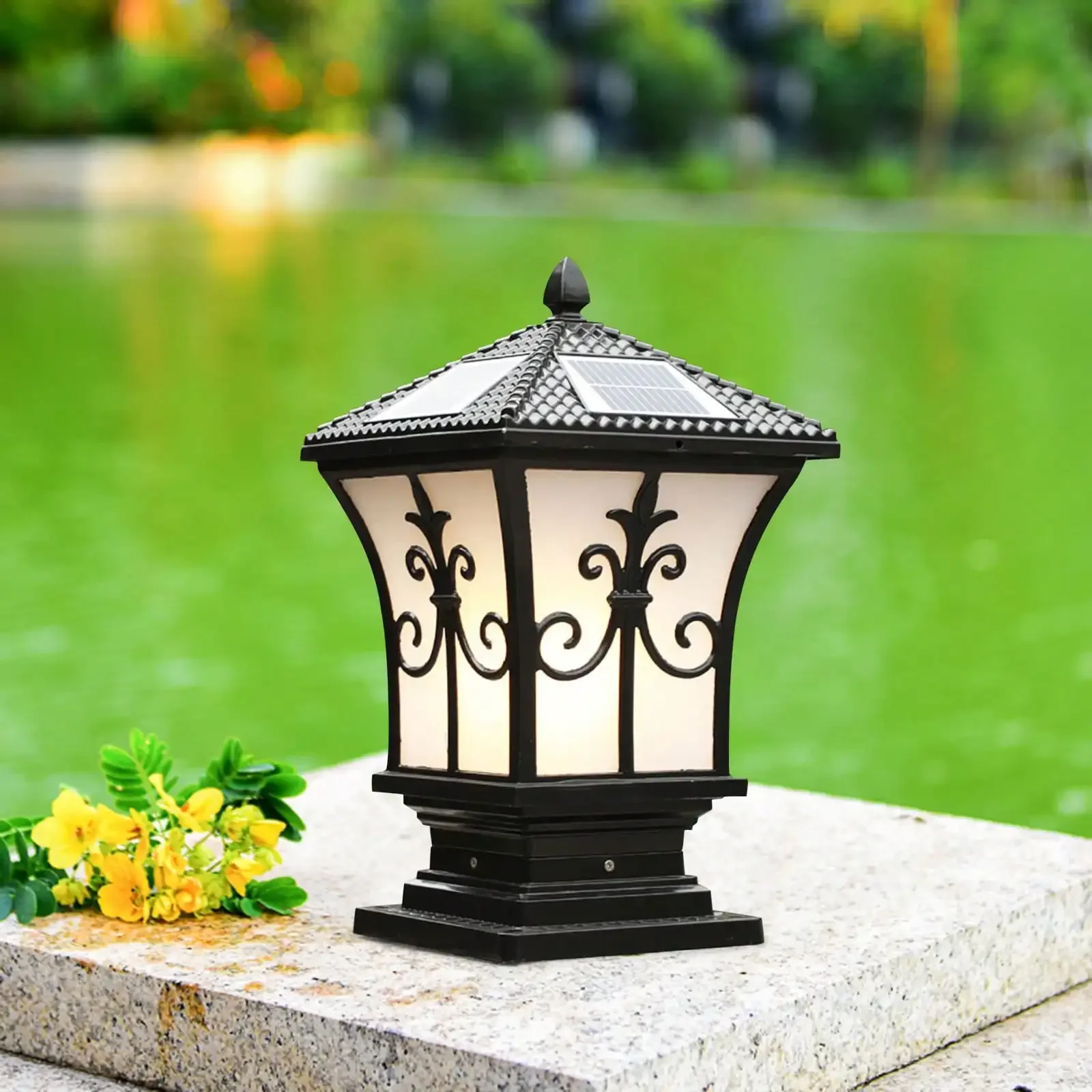 LED Solar Post Light Outdoor - Dusk to Dawn Vintage Style Solar Pillar Lamp - Image 3