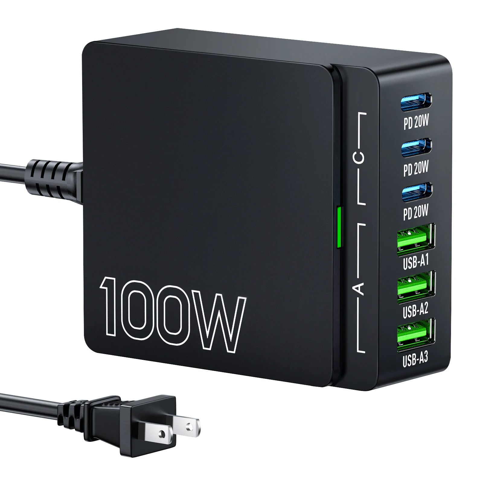 100W 6-Port GaN Charger Hub PD 3.0 Type-C USB-A for Phone, Tablet, Laptop