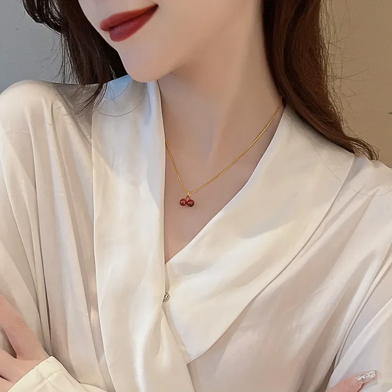 Wine Red Cherry Pendant Necklace – Golden Chain Jewelry Gift for Women - Image 4