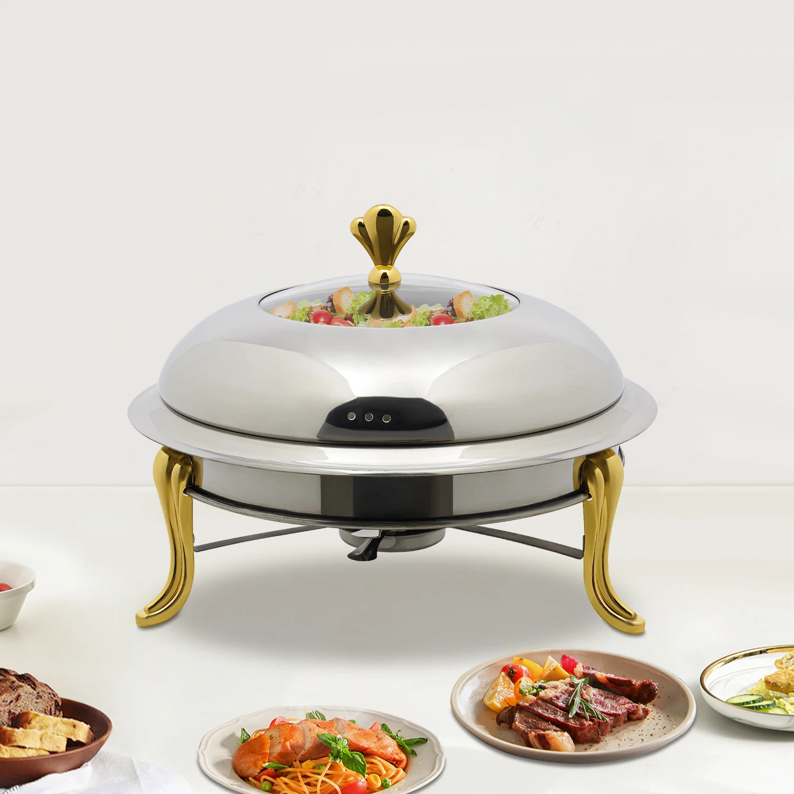 24cm Round Gold Crown Buffet Stove – Stainless Steel Alcohol Burner Warmer, No-Ear Design
