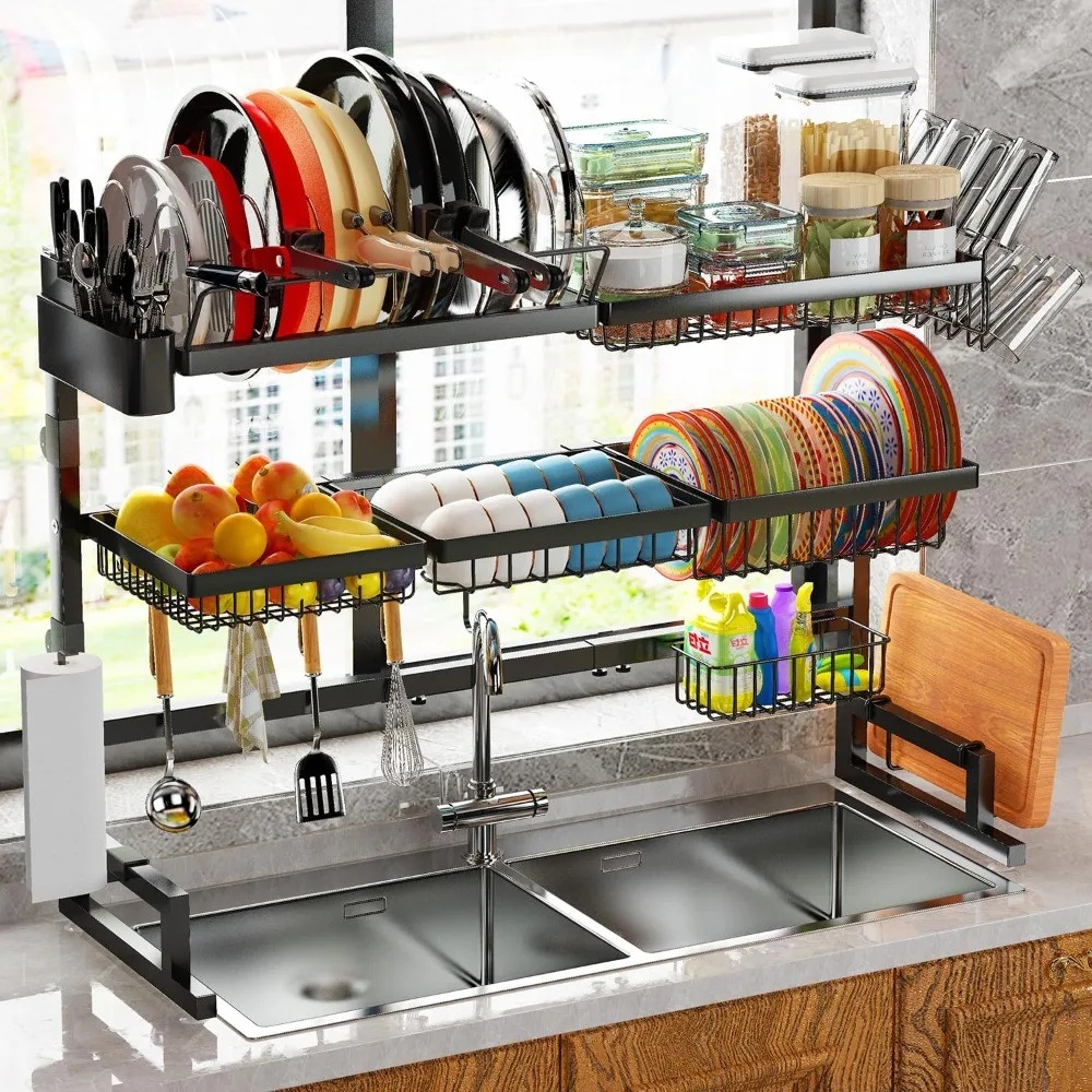 Over Sink Dish Drying Rack – Expandable 31–39.5L x 12W x 34–38H inches, Snap-On Design with Baskets & Utensil Holder