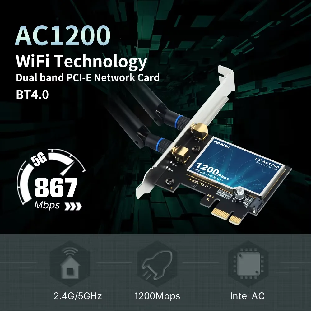 AC1200 WiFi PCI-E Adapter, Dual Band 2.4G/5GHz, BT 4.0 for Desktop/Laptop - Image 2