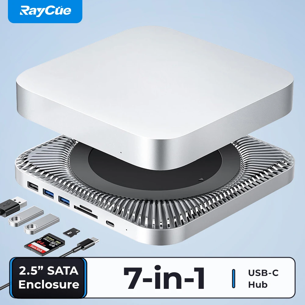 USB‑C Docking Station for Mac Mini – 7‑in‑1 Hub + SATA SSD/HDD Enclosure, SD/TF Card Reader