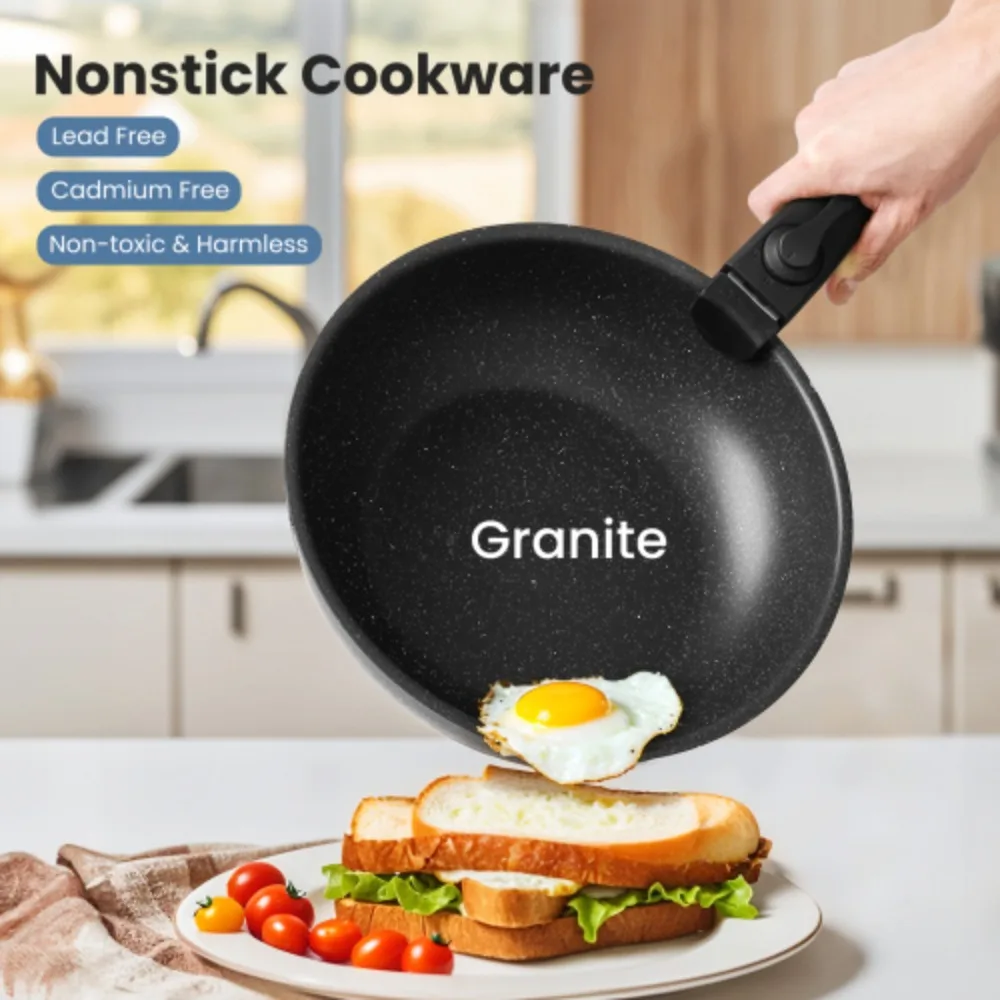 12-Piece Nonstick Cookware Set with Spatula & Detachable Handles – Black Kitchen Pots & Pans - Image 3