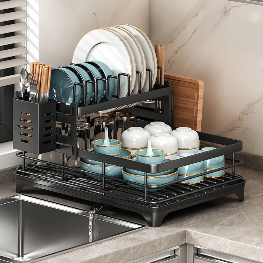 Double‑Layer 2‑Tier Dish Drying Rack for Countertop – Holds Plates, Bowls, Utensils & Cutting Boards