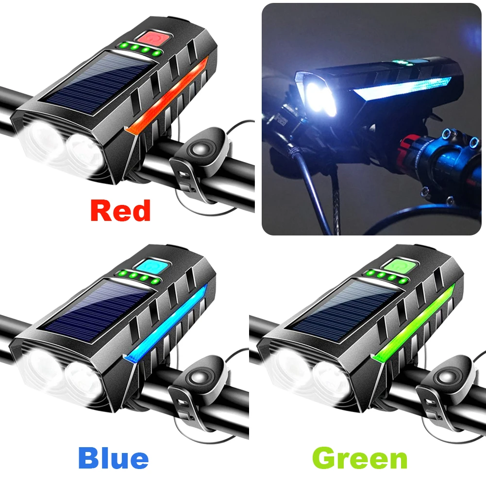 Solar USB Rechargeable Bicycle Headlamp – LED Lantern with Power Display & High Beam