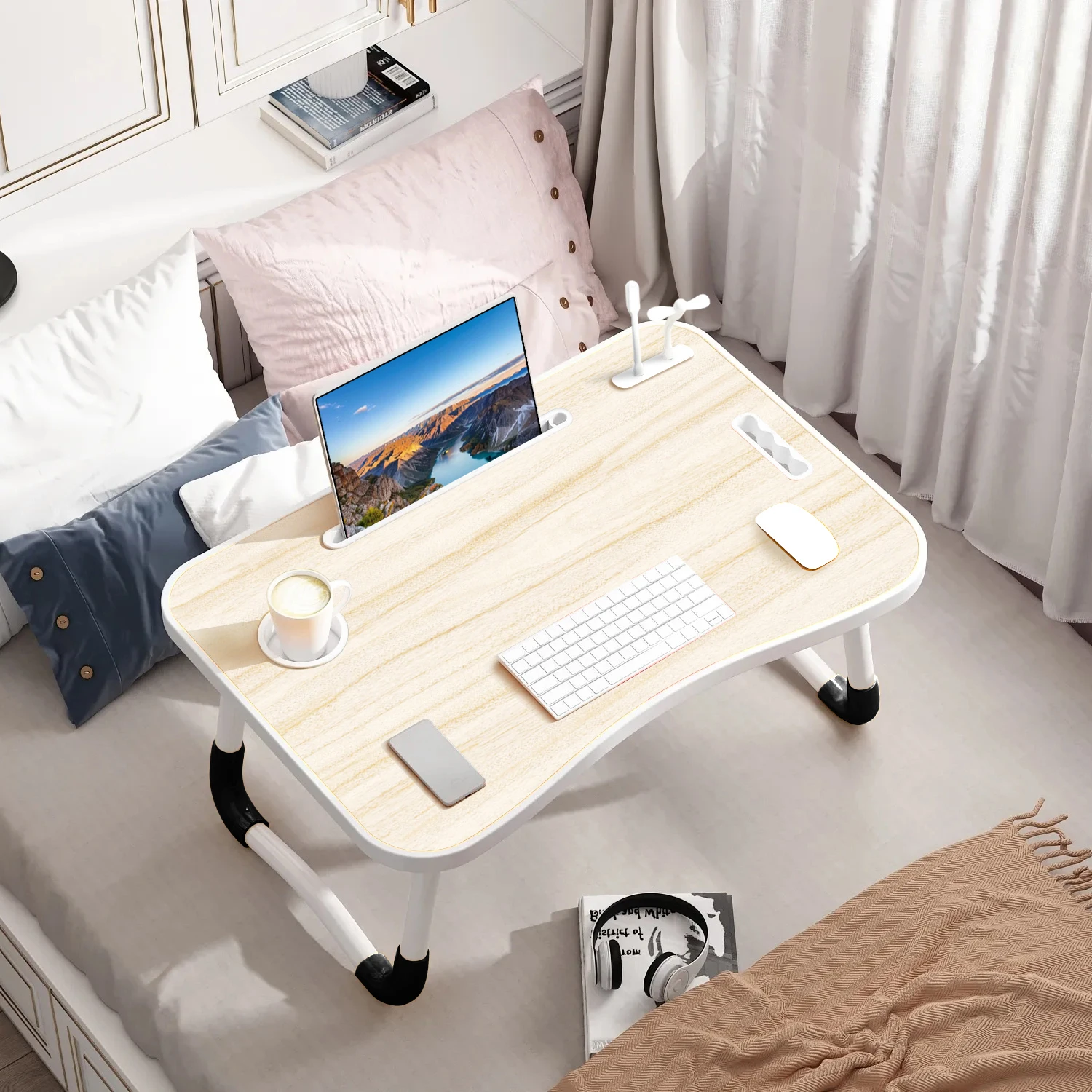 NEW 40x60cm portable folding table laptop table for office and home use with USB light, small fan, cup holder, tablet slot - Image 7
