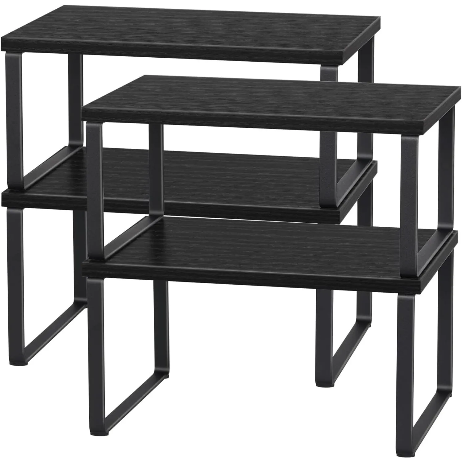 Set of 4 Wooden Stackable Kitchen Shelves – Expandable Industrial Black Countertop Organizer