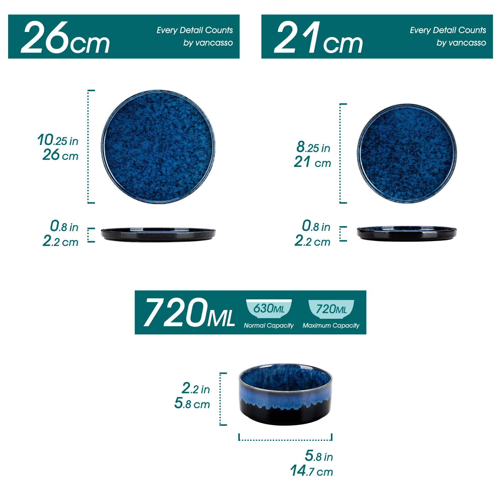 Vancasso 12/24/36-Piece Dinnerware Set - Black & Blue Reactive Glaze with Plates, Bowls & Desserts - Image 2