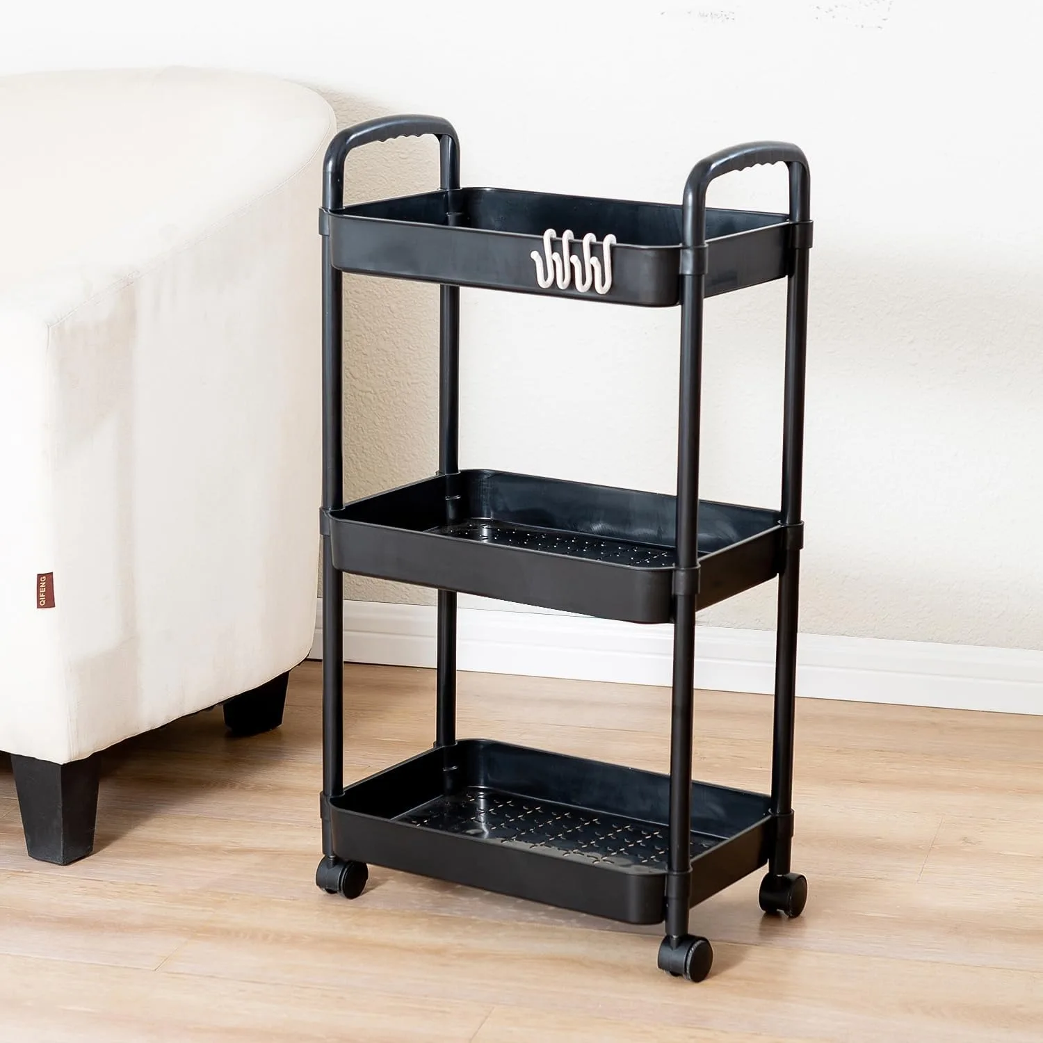 3‑Tier Rolling Utility Cart with Handle & Lockable Wheels – Black