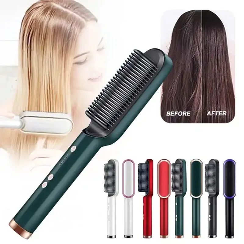 2-in-1 Hair Straightener Ceramic Hot Comb – Electric Straightening Brush with Negative Ion