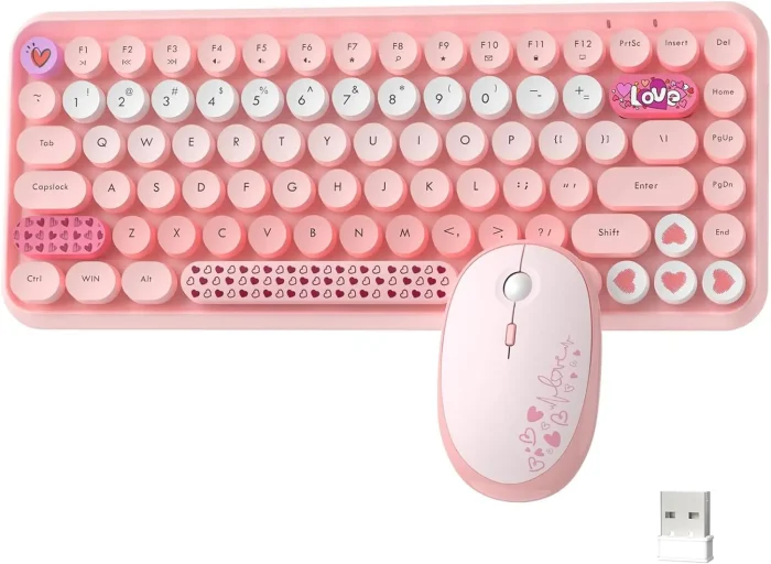 308i Pink Wireless 2.4G Keyboard and Mouse Set, Gradient Cute Round Keycaps for Retro Typewriter - Image 8