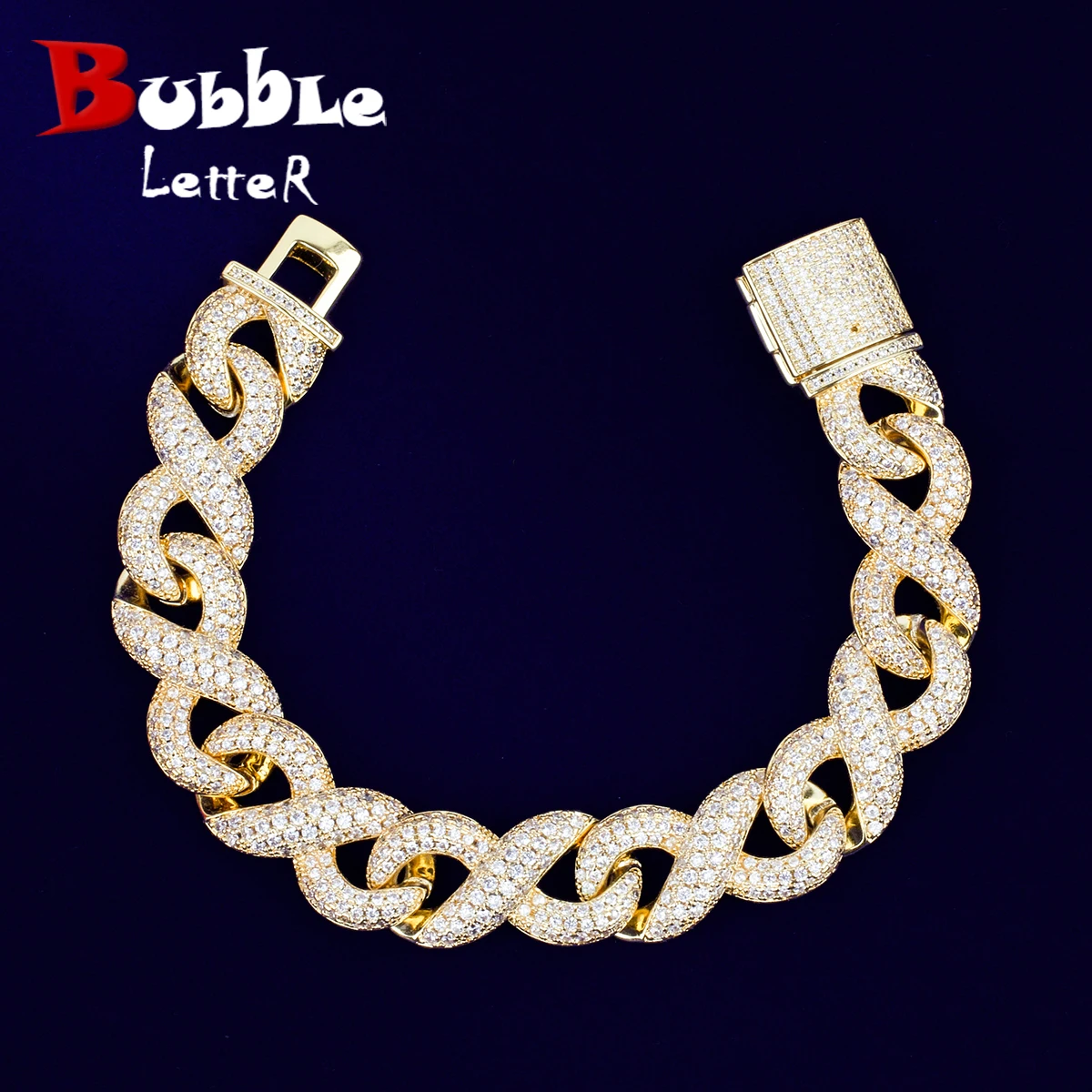Bubble Letter Iced Out Infinity Bracelet Men Real Gold Plated Cubic Zirconia Hip Hop Jewelry