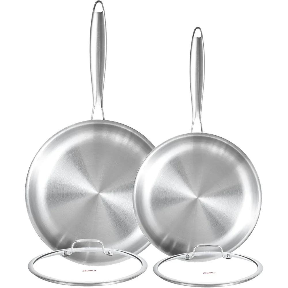 Tri-Ply Stainless Steel Frying Pan Set with Lids – 8" & 10" Induction Compatible Skillets