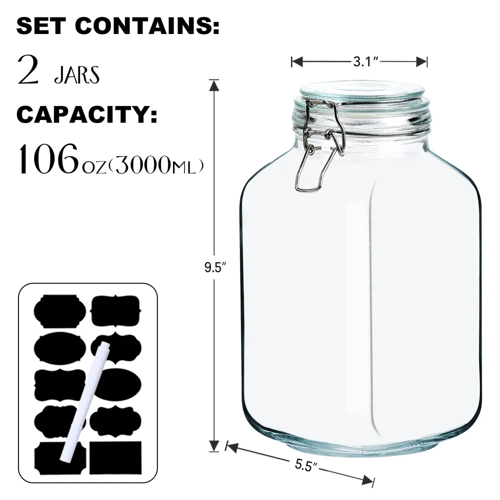 2-Pack Airtight Wide Mouth Glass Jars 106oz – Food Storage Containers for Flour, Sugar, Cereal - Image 5
