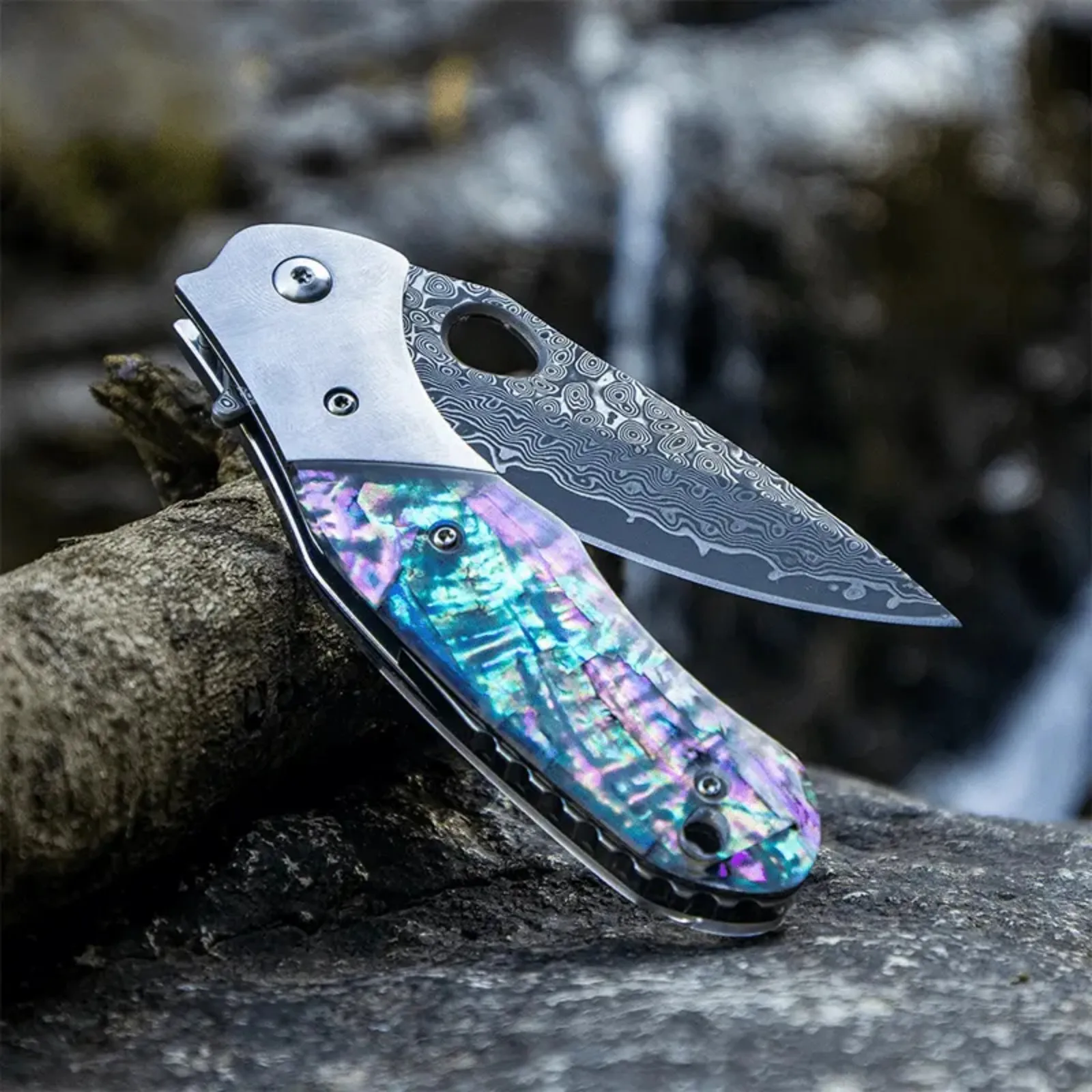 High-Quality Damascus Steel Folding Fruit Knife – Manual Rotation, Compact Design