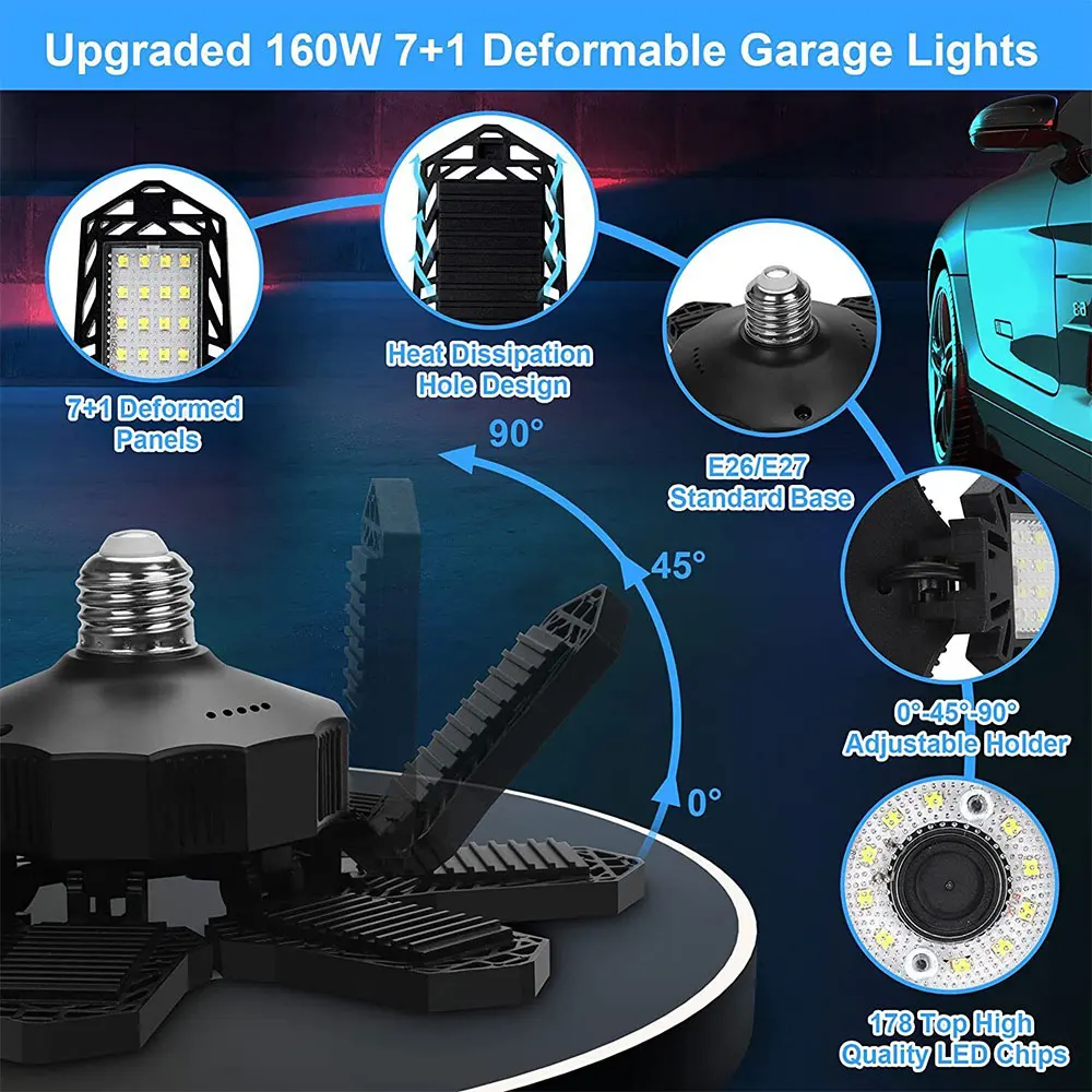 Deformable LED Garage Light – 7-Panel Adjustable Ceiling Lamp for Workshop - Image 2
