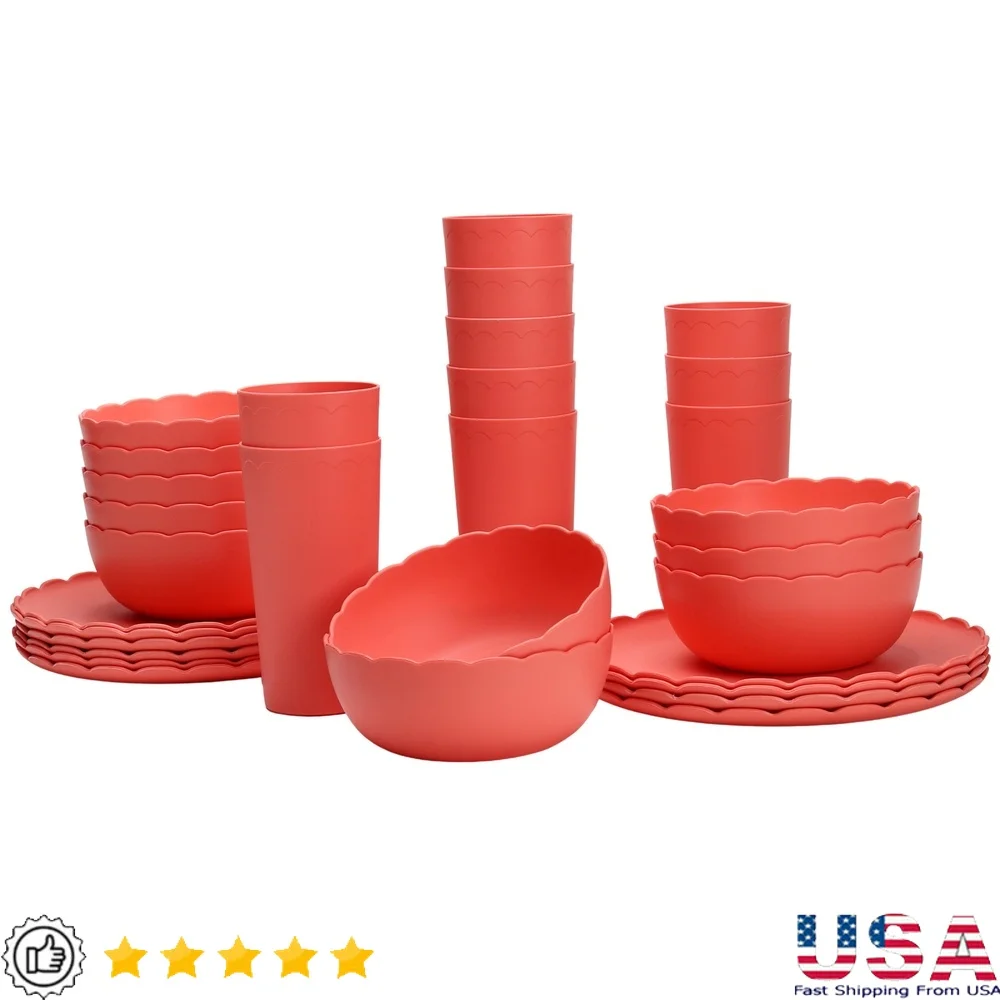 30-Piece Plastic Scalloped Dinnerware Set - Disposable Plates, Bowls & Tumblers